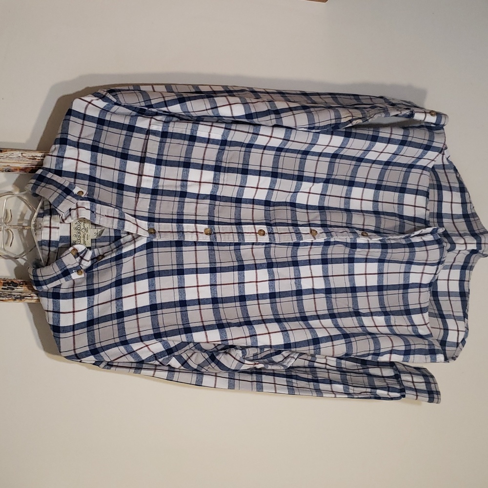 Cabela's Flannel Button Down Shirt Men's M Long Sleeve Pocket Plaid White Navy